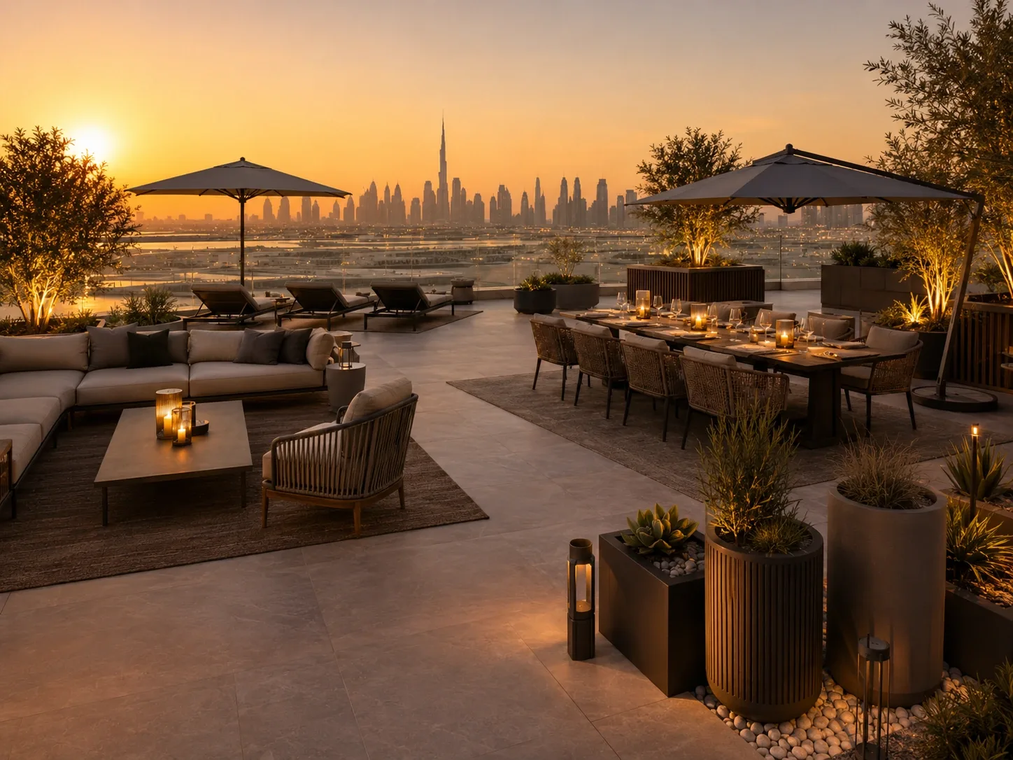 Resort sunset rooftop bar with heaters and lounge seating